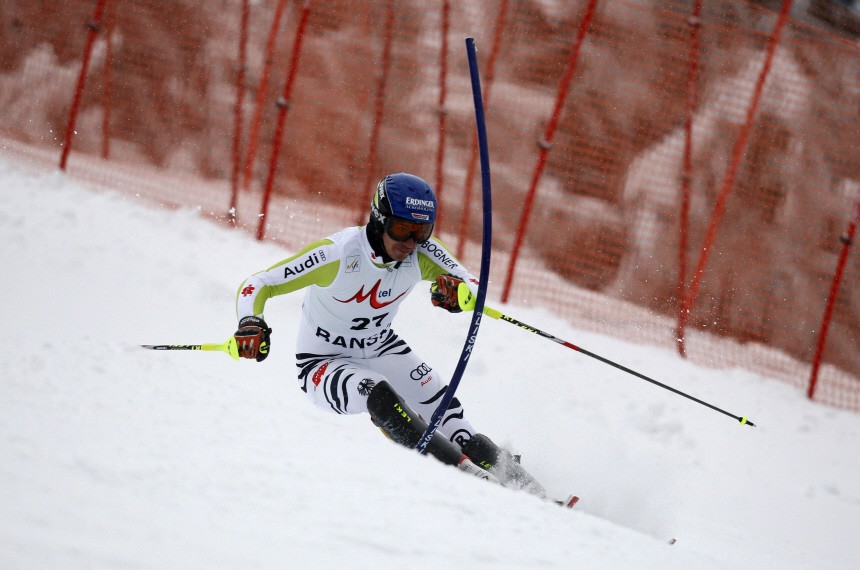 Neureuther of Germany skis during slalom portion of men's super combined race at Alpine Skiing World Cup in Bansko