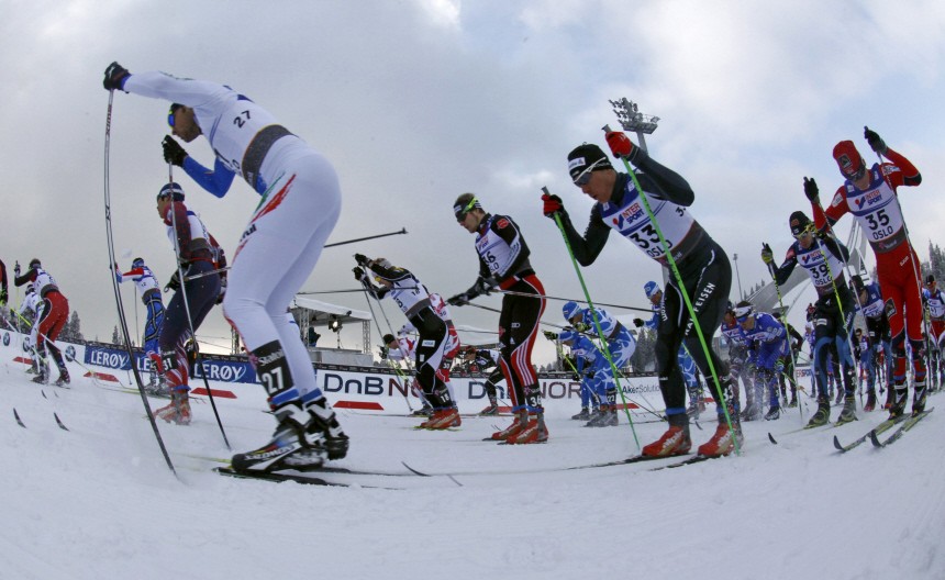 Competitors start during the men's cross country 30 km pursuit at the Nordic World Ski Championships in Oslo