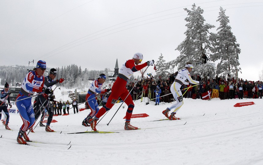 Vylegzhanin of Russia, Northug of Norway and Olsson of Sweden compete in the men's cross country 30km Pursuit race at the Nordic Ski World Championships in Oslo
