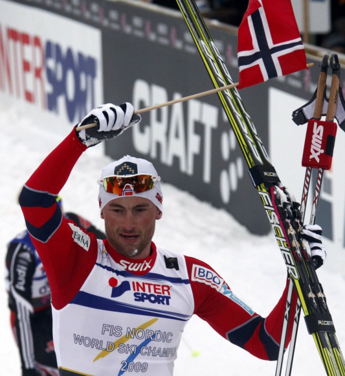Northug of Norway celebrates after winning in the men's cross country 30km Pursuit race at the Nordic Ski World Championships in Oslo
