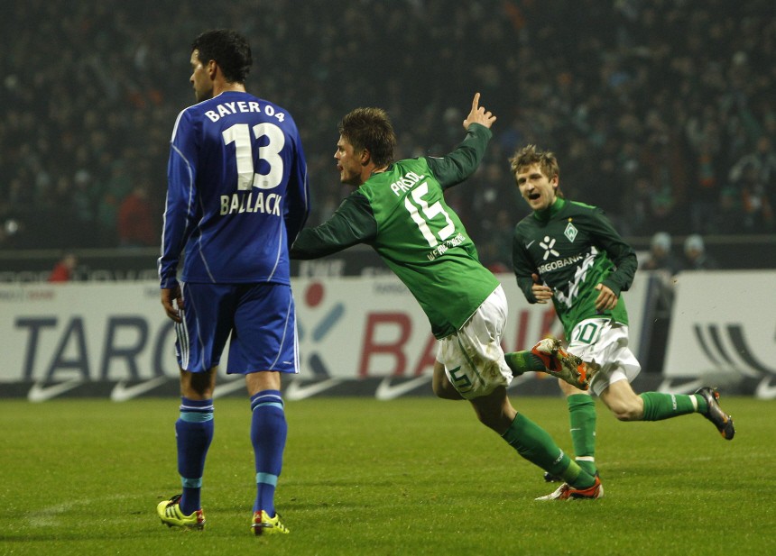 Werder Bremen's Proedl celebrates goal  Bayer Leverkusen during German Bundesliga soccer match in Bremen