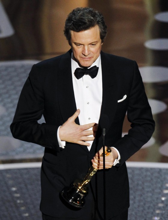 British actor Colin Firth complains of stomach problems while accepting the Oscar for best actor for his role in The King's Speech during the 83rd Academy Awards in Hollywood