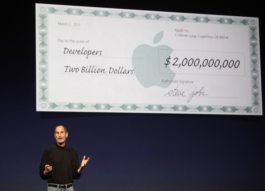 Apple Inc. CEO Steve Jobs takes to the stage during an Apple event in San Francisco