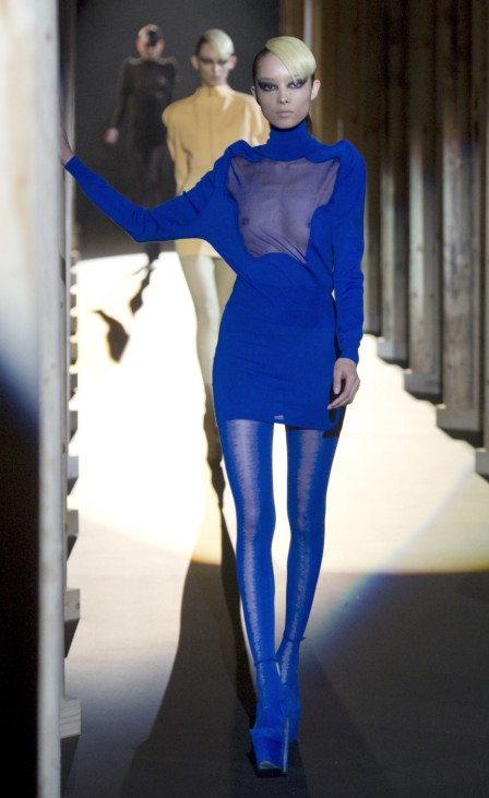 A model presents a creation by designer Nicola Formichetti as part of his Fall-Winter 2011/2012 women's ready-to-wear fashion collection for fashion house Thierry Mugler during Paris Fashion Week