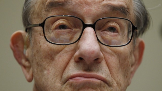 Alan Greenspan listens to opening statements as he testifies before the Financial Crisis Inquiry Commission hearing on Capitol Hill in Washington