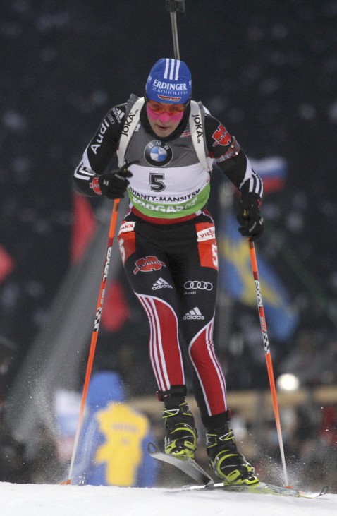 Neuner of Germany competes during women's 7.5 km individual sprint race at IBU Biathlon World Championships in Khanty-Mansiysk
