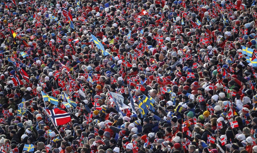 Spectators attend the men's cross country 50 km mass start free event at the Nordic World Ski Championships in Oslo