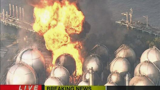 Frame grab of a fire at a natural gas storage facility in Chiba