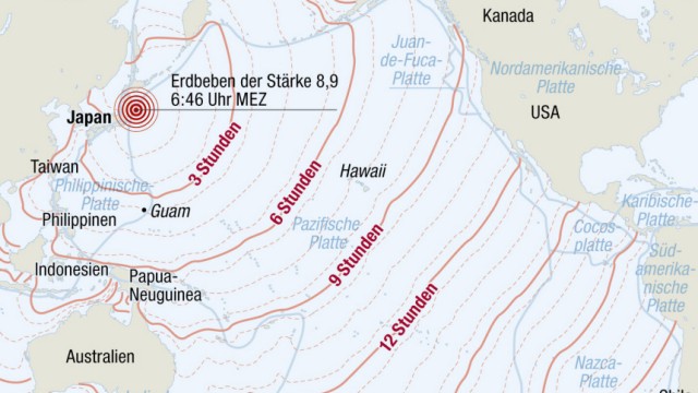 Tsunami Erdbeben Japan Pazifik Anrainerstaaten Ankunft Flutwelle Asien Australien Amerika Südamerika Hawaii bearbeitet ohne Rahmen