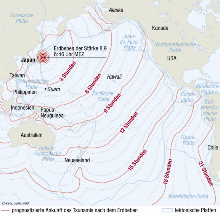 Tsunami Erdbeben Japan Pazifik Anrainerstaaten Ankunft Flutwelle Asien Australien Amerika Südamerika Hawaii bearbeitet ohne Rahmen