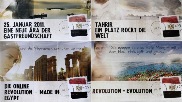 Combination photo shows advertising campaign posters for tourism in Egypt referring to political uprising in the country at ITB in Berlin