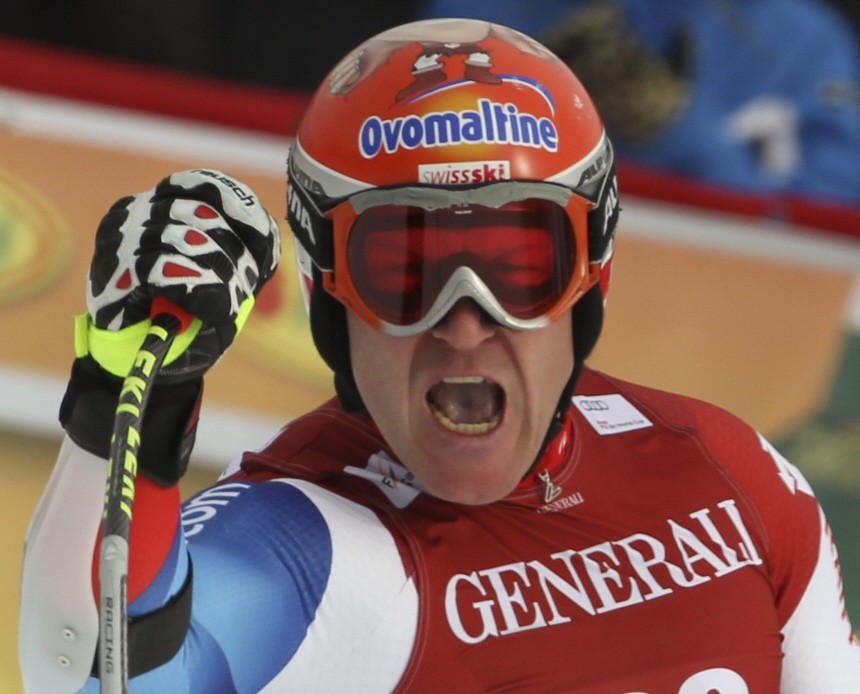 Cuche of Switzerland reacts in the finish after winning the men's Super-G Alpine Skiing World Cup race on the Lillehammer 1994 Olympic track in Kvitfjell