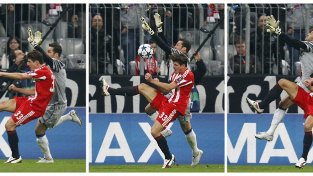 Combination of photos shows Bayern Munich's Mario Gomez scoring a goal against Inter Milan's goalkeeper Julio Cesar during their second leg round of sixteen Champions League soccer match in Munich