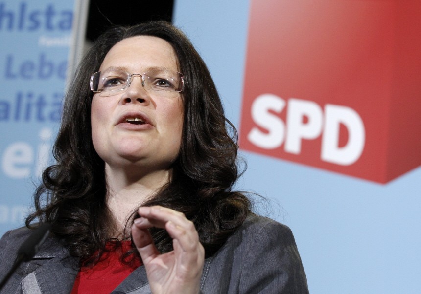 Nahles of Germany's SPD addresses media in Berlin