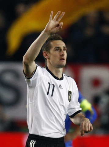 Germany's Klose celebrates his goal during their Euro 2012 qualifying soccer match against Kazakhstan in Kaiserslautern