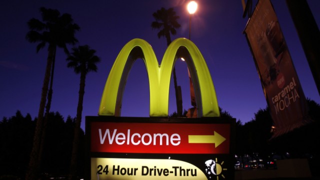 A McDonald's restaurant's drive-thru sign is pictured in Los Angeles