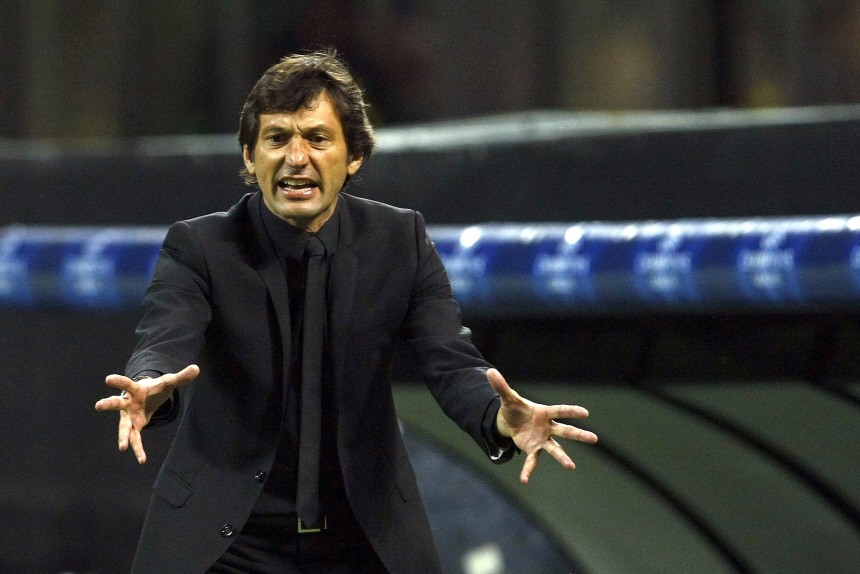 Inter Milan's coach Leonardo reacts during the first leg of their Champions League quarter-final soccer match against Schalke 04 in Milan