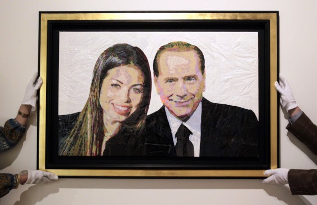 A painting called ' Silvio & Ruby' made with plastic bags and scotch tape is displayed at the Edward Cutler gallery in Milan