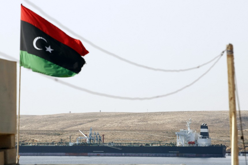 The Greek-owned oil tanker Equator is seen docked at Marsa el Hariga oil terminal in Tobruk