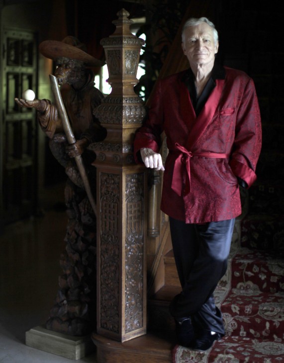Playboy magazine founder Hugh Hefner poses for a portrait at his Playboy mansion in Los Angeles