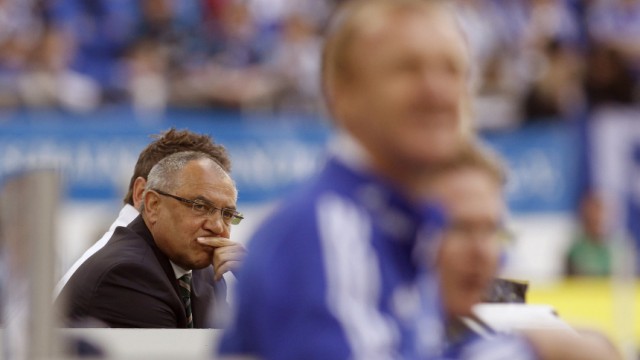 Wolfsburg's coach Magath reacts during the German Bundesliga soccer match against Schalke 04 in Gelsenkirchen