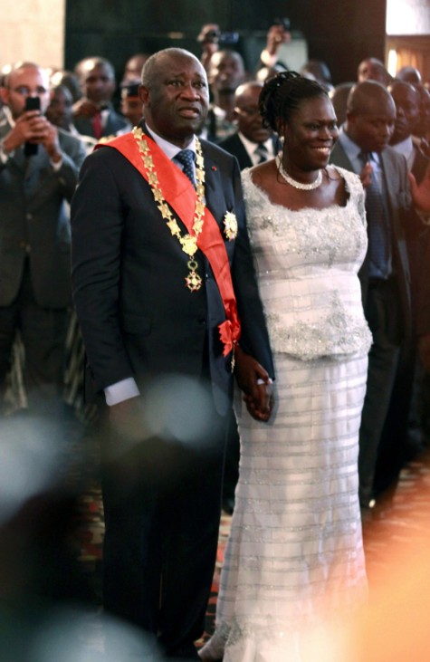 Laurent Gbagbo stands with his wife Simone Ehivet Gbagbo during his inauguration ceremony at the presidential palace in Abidjan
