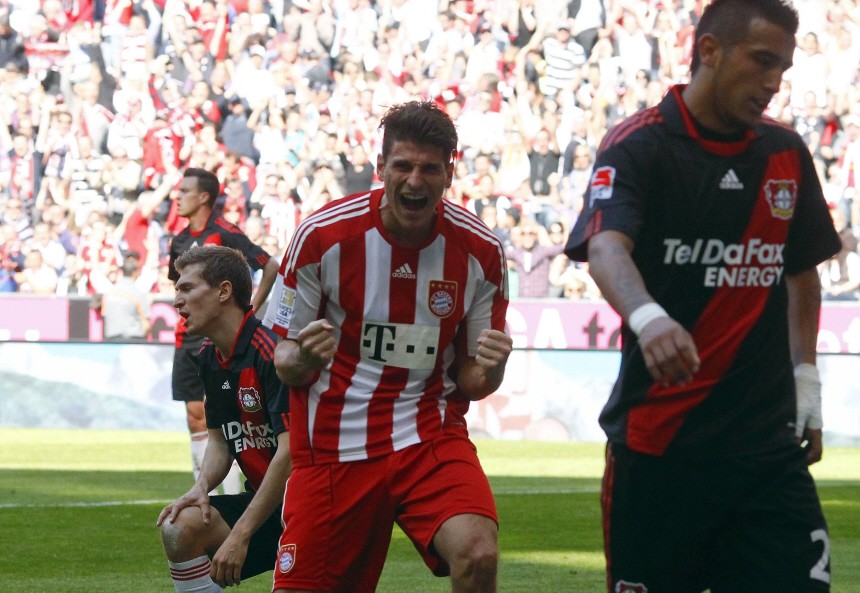 Gomez of Munich celebrates during their German first division Bundesliga soccer match against Leverkusen in Munich