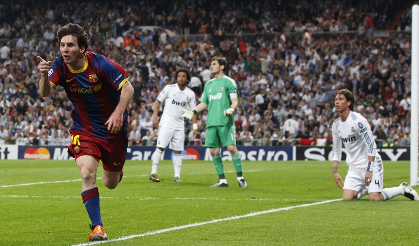 Barcelona's Messi celebrates after scoring his second goal against Real Madrid during their Champions League semi-final first leg soccer match in Madrid