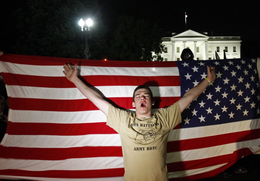 A man cheers outside the White House, over the death of Osama Bin Laden, in Washington