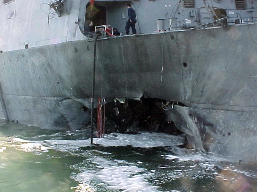 File photo of damaged guided missile destroyer USS Cole after bomb attack in the port of Aden