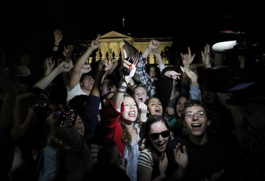 Revelers cheer outside the White House after U.S. President Barack Obama announced live on television the death of Osama bin Laden