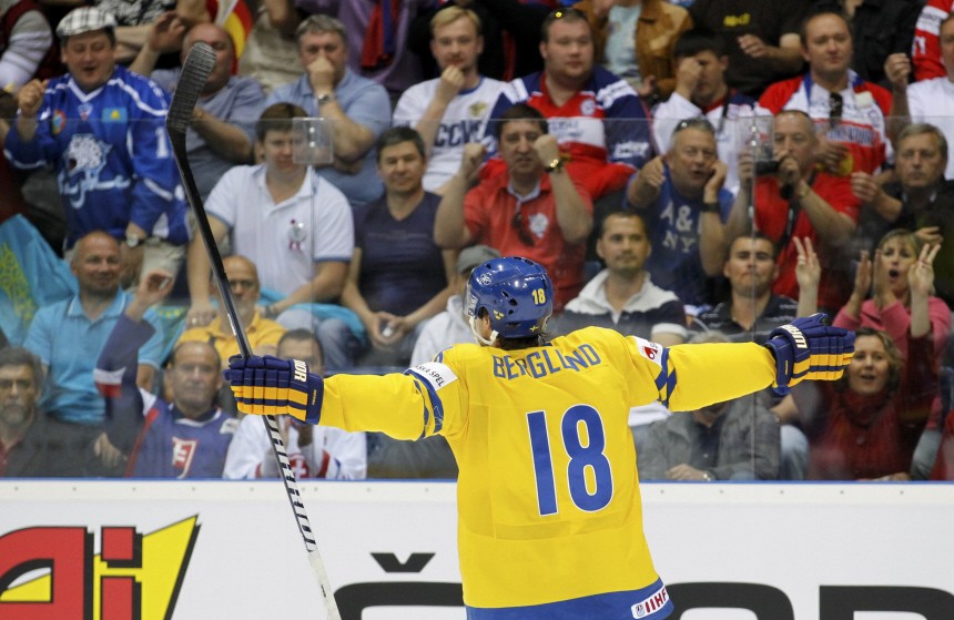 Sweden's Berglund celebrates a goal against Germany during their quarter-final match at the Ice Hockey World Championships in Bratislava