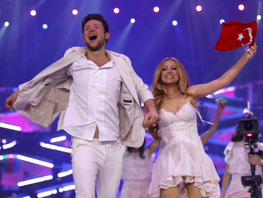 Ell and Nikki of Azerbaijan celebrate after winning Eurovision Song Contest final in Duesseldorf