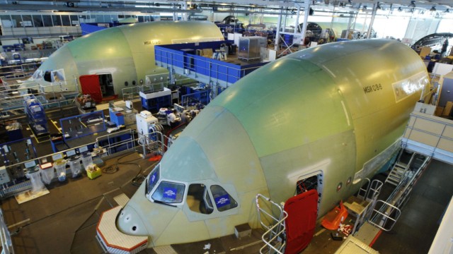 File photo of employees working in the fuselage section of the A380 Airbus in Montoir-de-Bretagne
