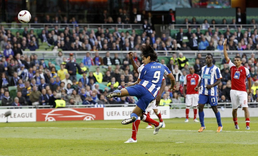 Porto's Falcao heads the ball to score against Braga during their Europa League final soccer match in Dublin
