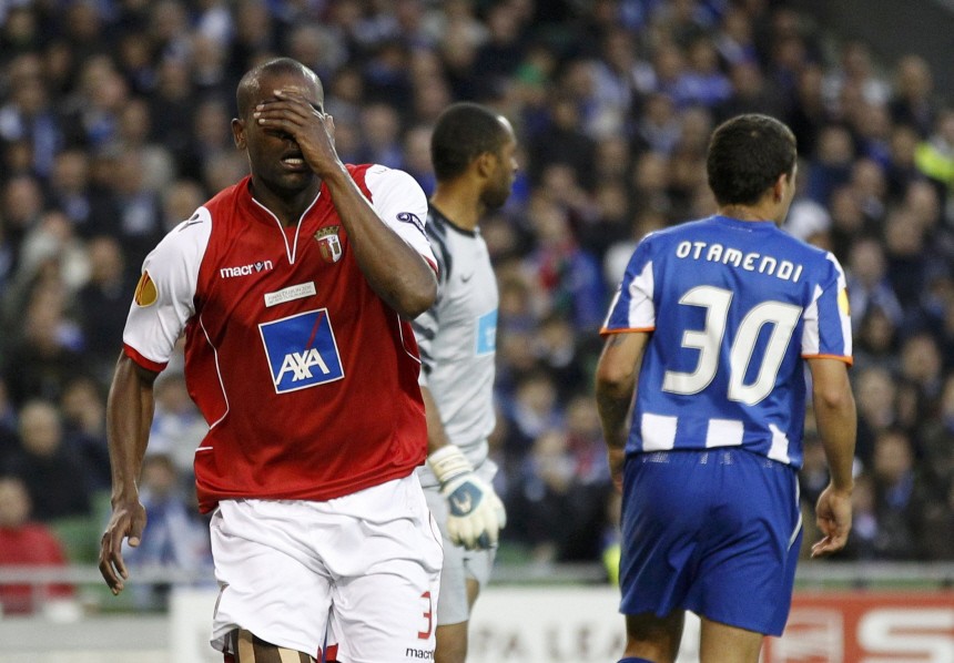 Braga's Paulao reacts after missing a chance to score against Porto during their Europa League final soccer match in Dublin