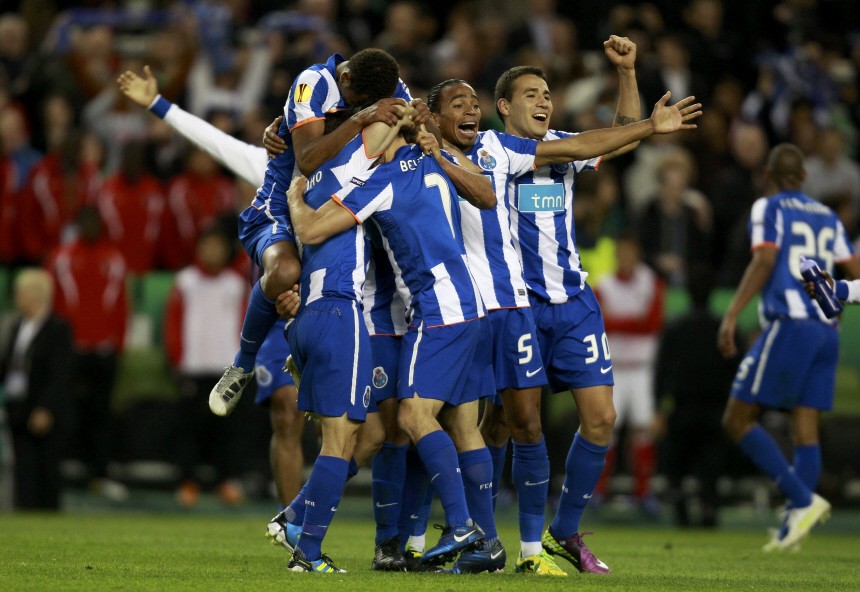 Porto's players celebrate after beating Braga 1-0 in the Europa League final soccer match in Dublin