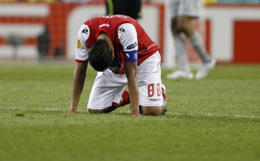 Braga's Vandinho reacts after his team was defeated by Porto at the end of their Europa League final soccer match in Dublin