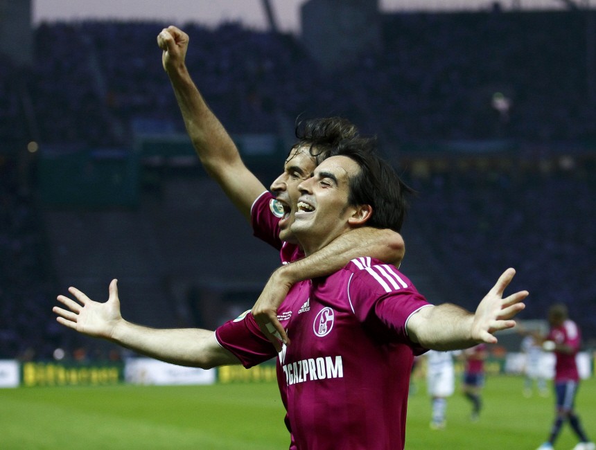 Schalke 04's Raul and Jurado celebrate a goal against MSV Duisburg during the German DFB Cup (DFB Pokal) final soccer match in Berlin