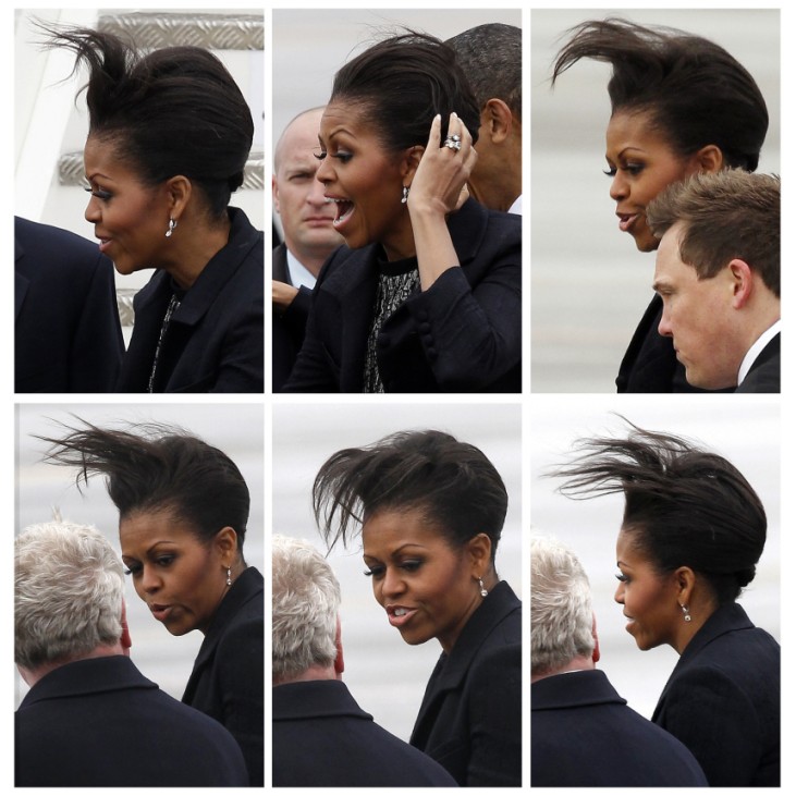 A series of images shows strong winds catching the hair of U.S. first lady Michelle Obama as she arrives at Dublin airport