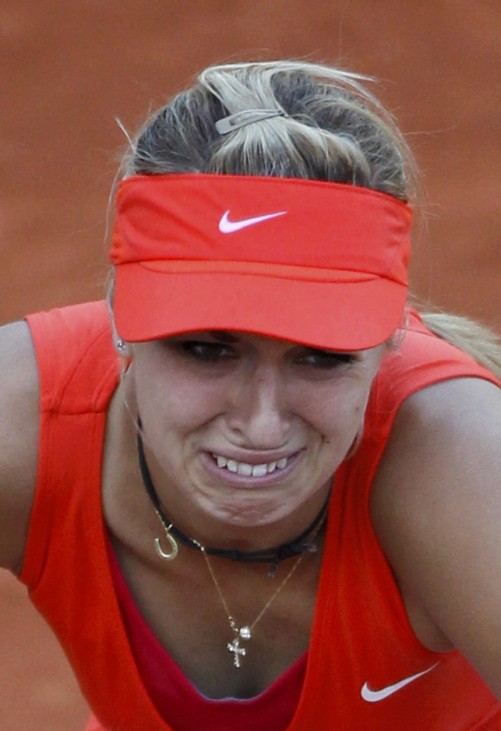 Lisicki of Germany reacts during her match against Zvonareva of Russia during the French Open tennis tournament at the Roland Garros stadium in Paris