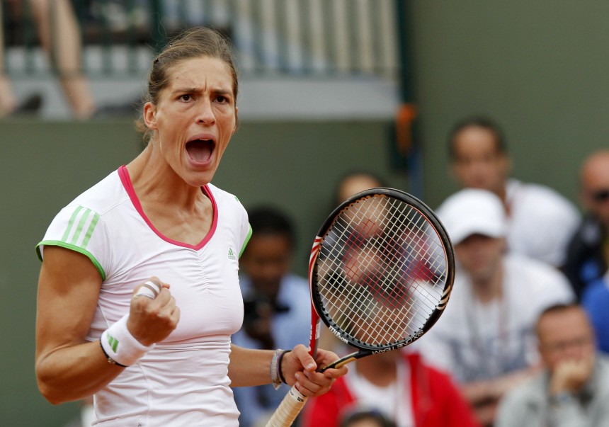 Petkovic of Germany reacts during her match against Hradecka of the Czech Republic during the French Open tennis tournament at the Roland Garros stadium in Paris