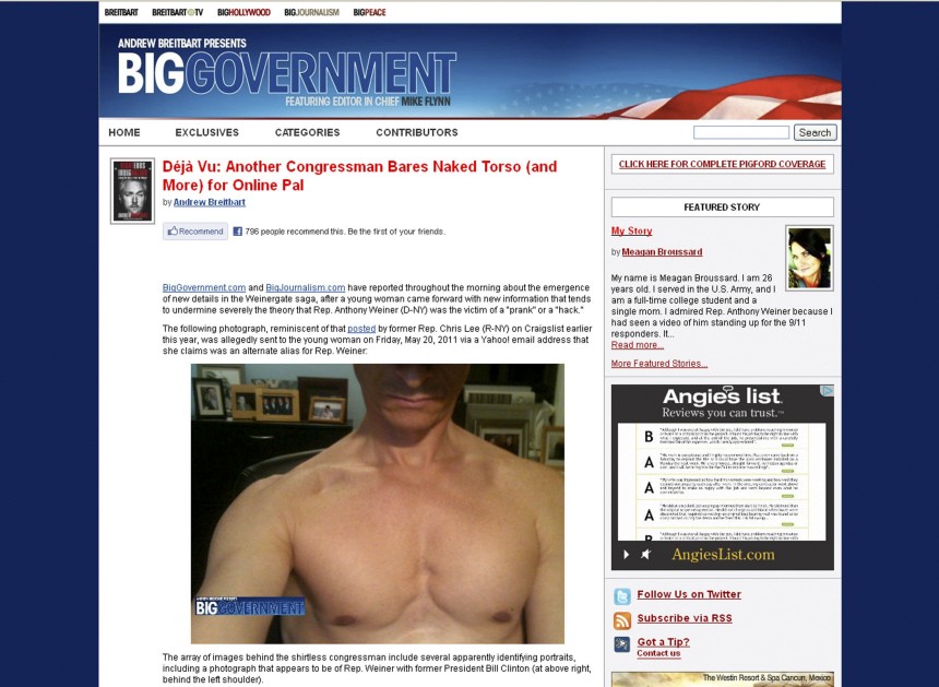 A screen grab of the website Biggovernment.com shows a shirtless U.S. Representative Anthony Weiner