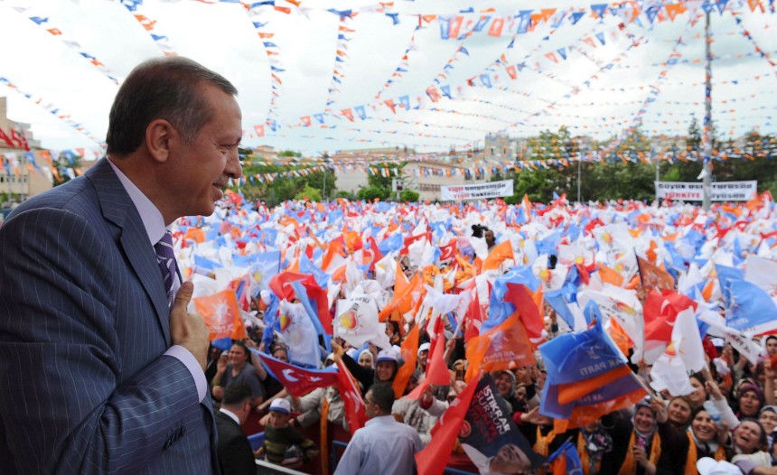 Turkey's Prime Minister Tayyip Erdogan is in a campaign event for
