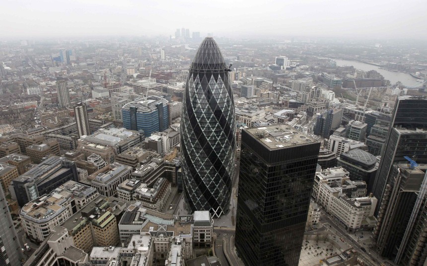 The Swiss RE building, known as the Gherkin, is pictured from a nearby office block in the City of London
