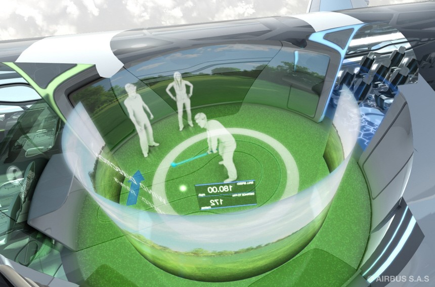 Undated handout image by Airbus shows passengers playing virtual golf in the interaction zone of their 'Concept Cabin'