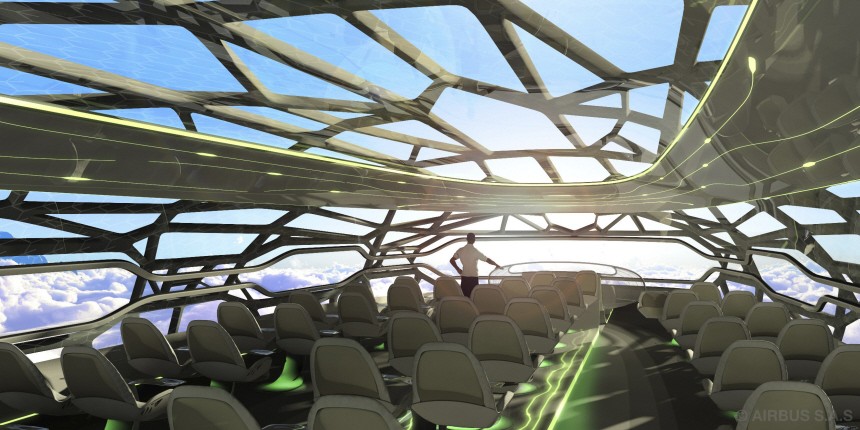 Undated handout image by Airbus shows a passenger looking at the panoramic view from the 'vitalising zone' of their 'Concept Cabin'