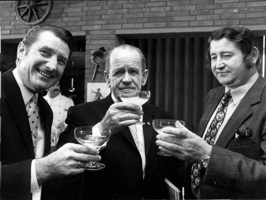 Fritz Walter, Sepp Herberger und Helmut Rahn an Herbergers 75. Geburtstag, 1972
