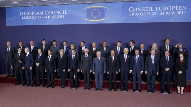 European Union leaders pose for a family picture during a summit in Brussels