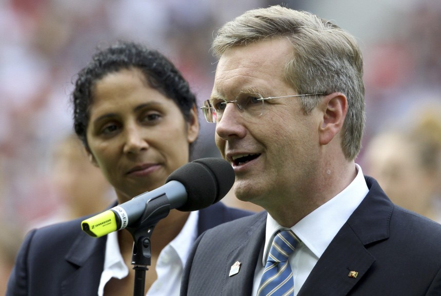 German President Wulff addresses during the opening ceremony of the Women's World Cup as organizing committee chief Jones looks on in Berlin